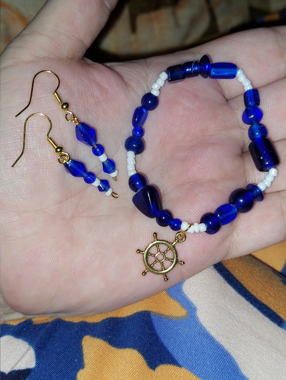 Handmade Nautical Blue Beaded Bracelet & Earring Set - Gold Charm